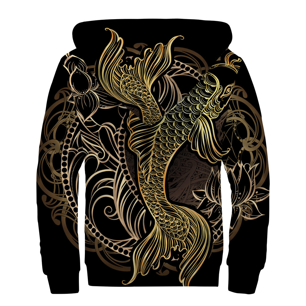 Gold Koi Carp Fish Print Sherpa Lined Zip Up Hoodie