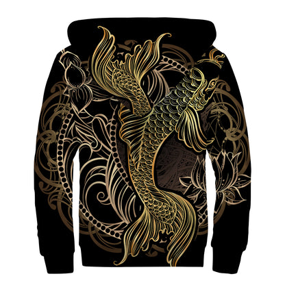 Gold Koi Carp Fish Print Sherpa Lined Zip Up Hoodie
