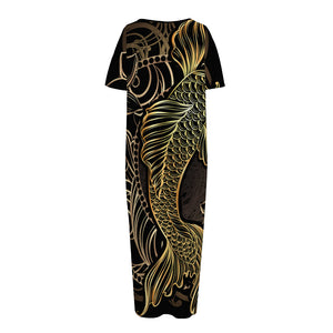 Gold Koi Carp Fish Print Short Sleeve Long Nightdress