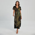 Gold Koi Carp Fish Print Short Sleeve Maxi Dress