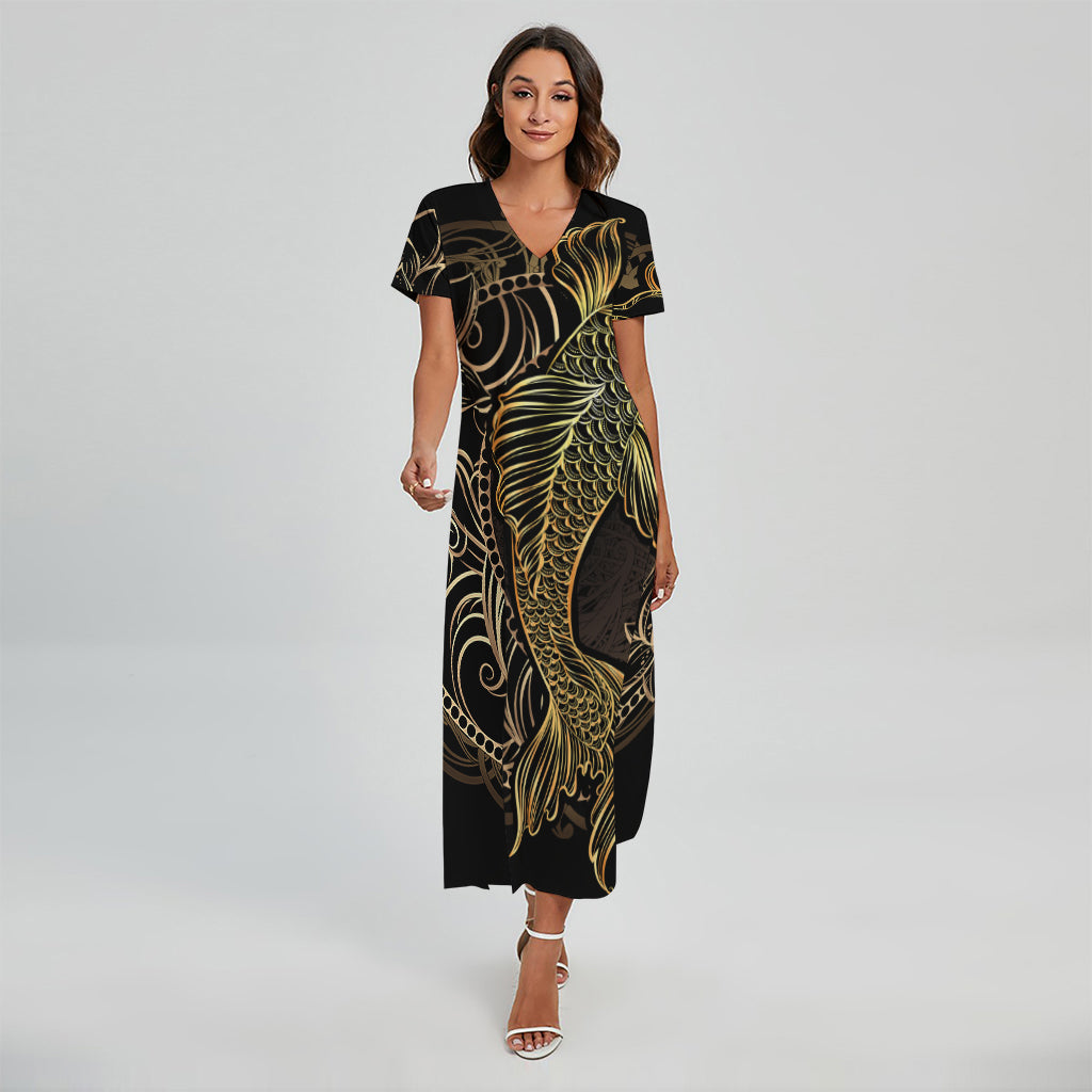 Gold Koi Carp Fish Print Short Sleeve Maxi Dress