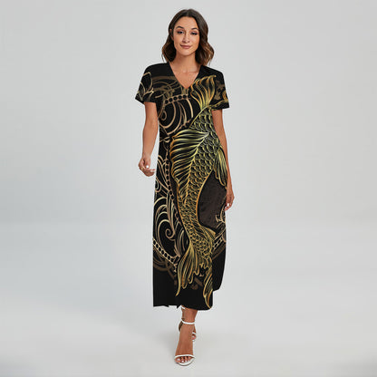 Gold Koi Carp Fish Print Short Sleeve Maxi Dress