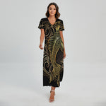 Gold Koi Carp Fish Print Short Sleeve Maxi Dress