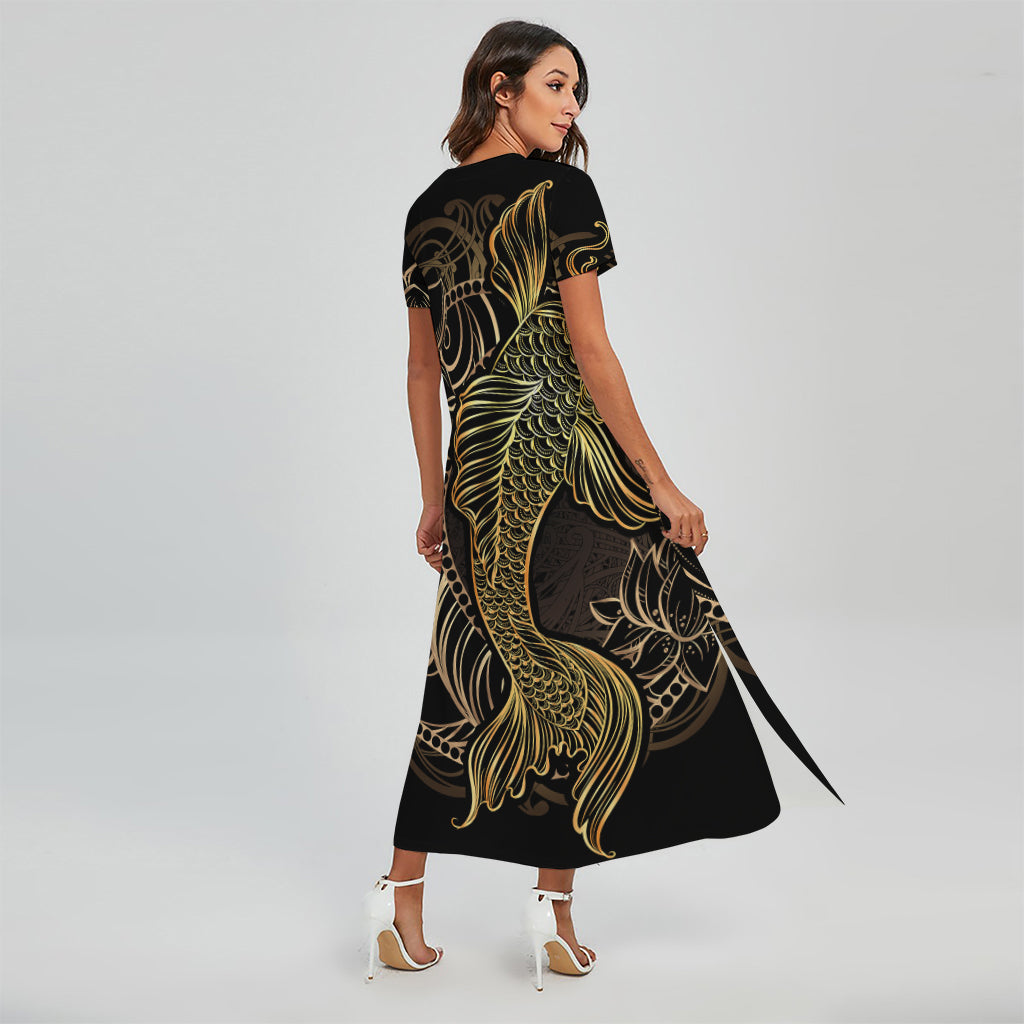 Gold Koi Carp Fish Print Short Sleeve Maxi Dress