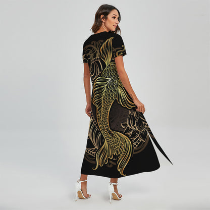 Gold Koi Carp Fish Print Short Sleeve Maxi Dress