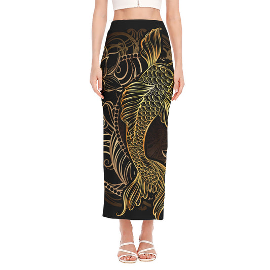 Gold Koi Carp Fish Print Side Slit Maxi Skirt