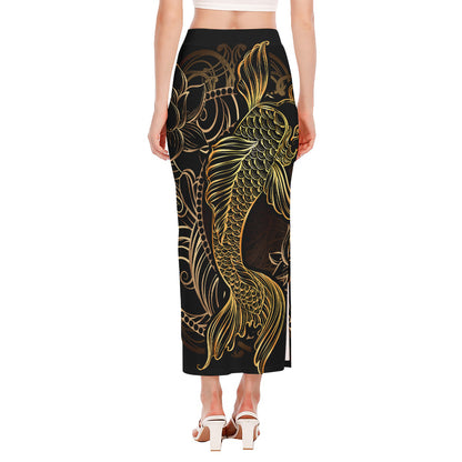 Gold Koi Carp Fish Print Side Slit Maxi Skirt