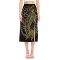 Gold Koi Carp Fish Print Side Slit Midi Skirt