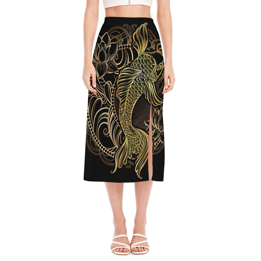 Gold Koi Carp Fish Print Side Slit Midi Skirt