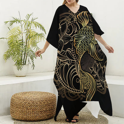 Gold Koi Carp Fish Print Silk V-Neck Kaftan Dress
