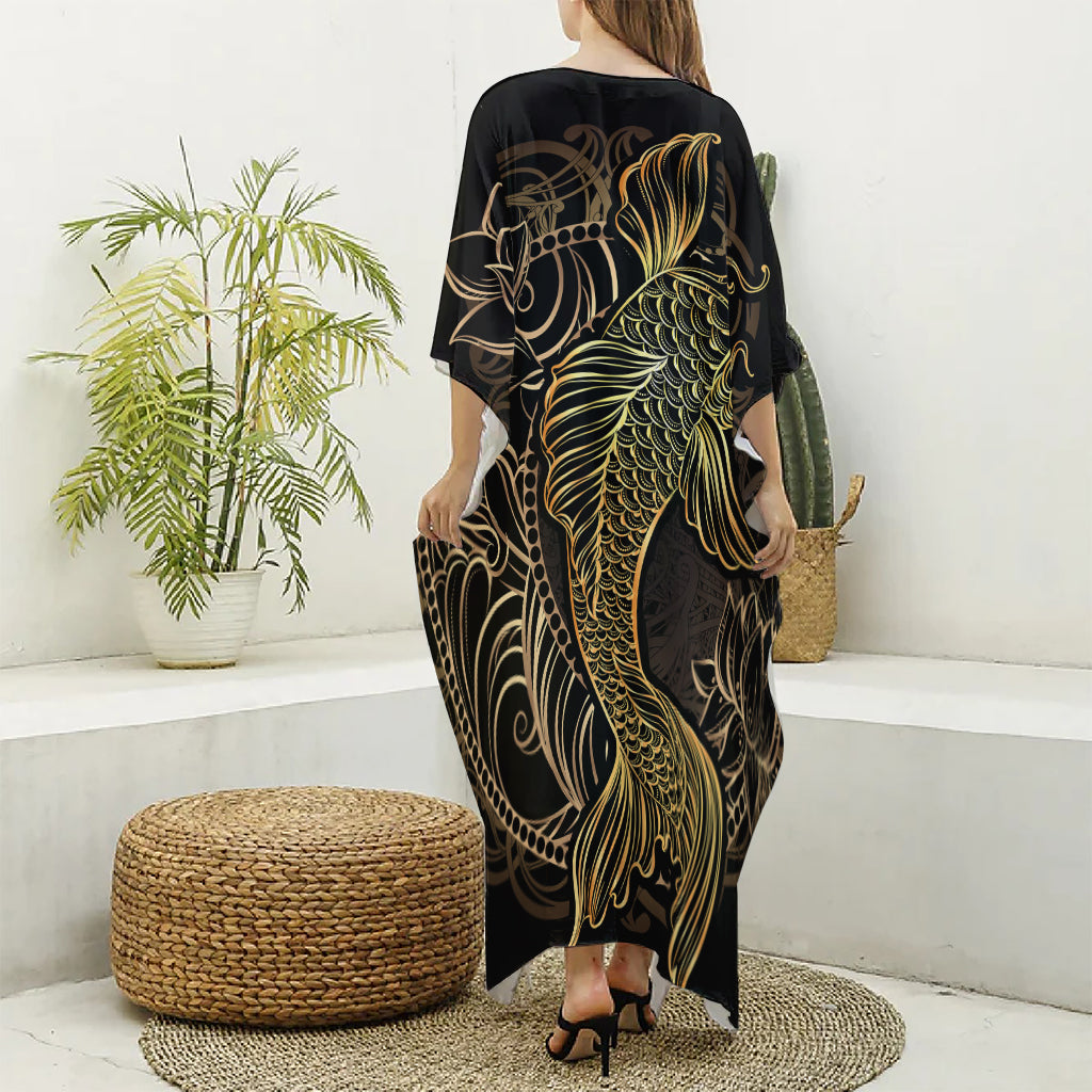 Gold Koi Carp Fish Print Silk V-Neck Kaftan Dress