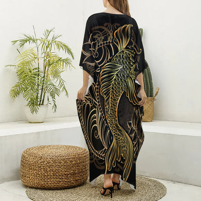 Gold Koi Carp Fish Print Silk V-Neck Kaftan Dress