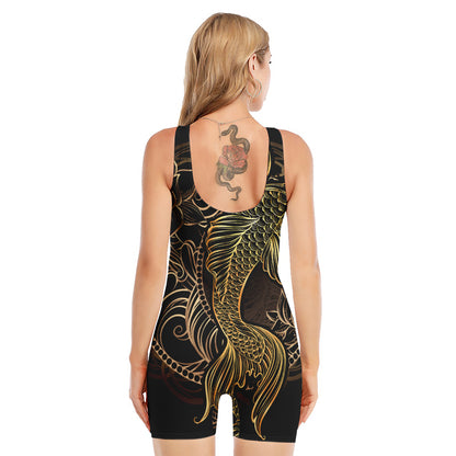 Gold Koi Carp Fish Print Sleeveless One Piece Swimsuit