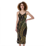 Gold Koi Carp Fish Print Slim Fit Midi Cami Dress