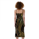 Gold Koi Carp Fish Print Slim Fit Midi Cami Dress