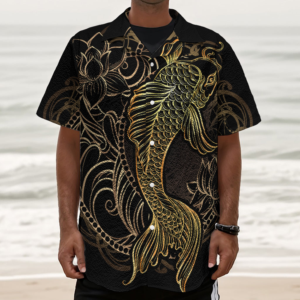Gold Koi Carp Fish Print Textured Short Sleeve Shirt