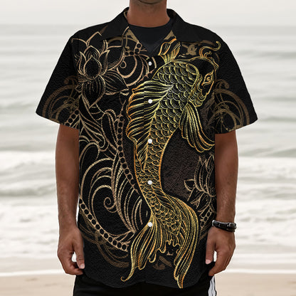 Gold Koi Carp Fish Print Textured Short Sleeve Shirt