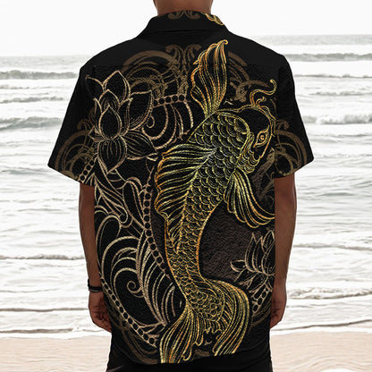 Gold Koi Carp Fish Print Textured Short Sleeve Shirt