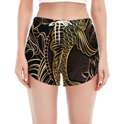 Gold Koi Carp Fish Print Women's Split Running Shorts