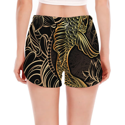 Gold Koi Carp Fish Print Women's Split Running Shorts