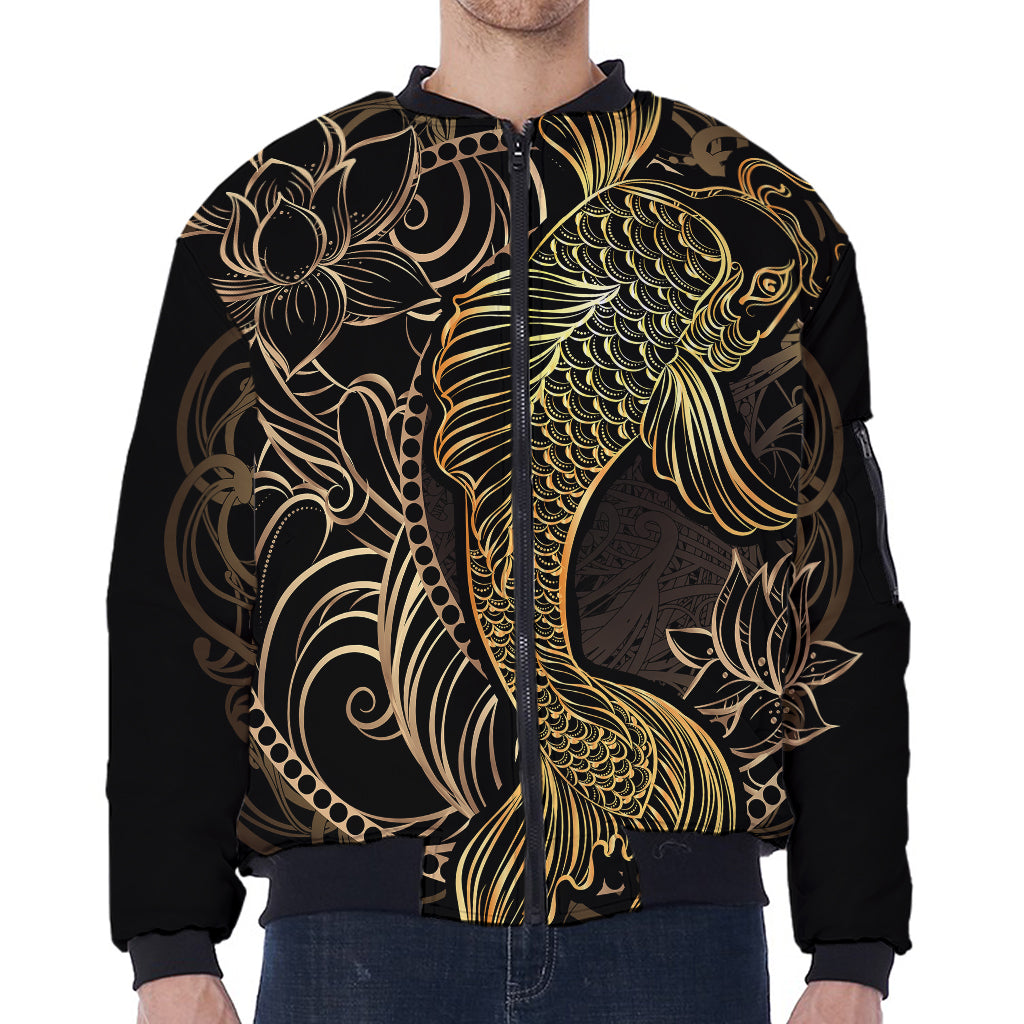 Gold Koi Carp Fish Print Zip Sleeve Bomber Jacket