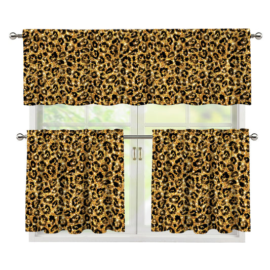 Gold Leopard (NOT Real) Glitter Print 3 Piece Kitchen Curtains