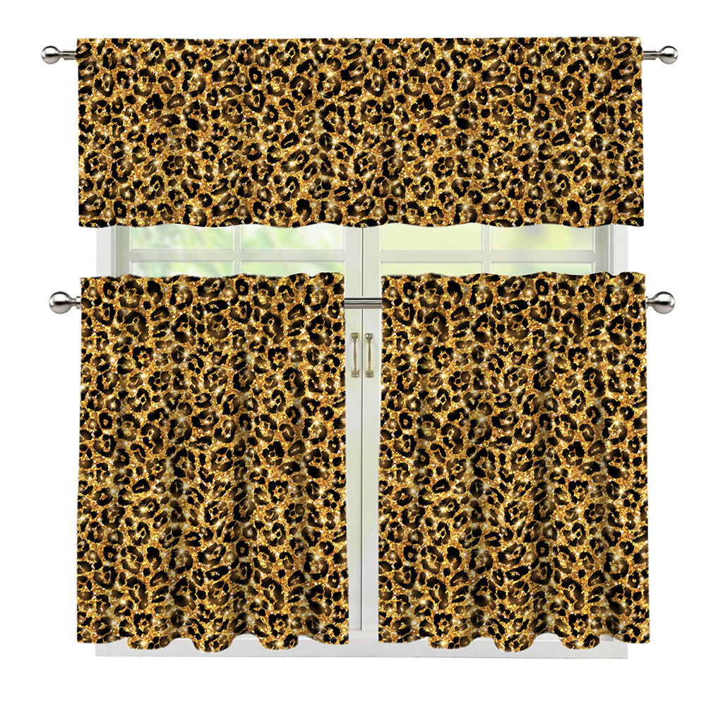 Gold Leopard (NOT Real) Glitter Print 3 Piece Kitchen Curtains