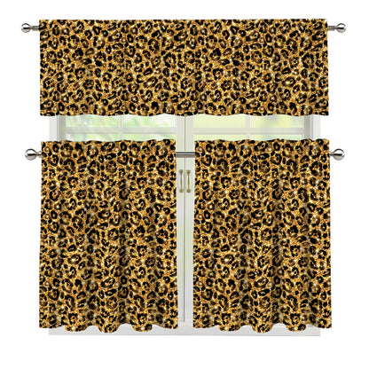Gold Leopard (NOT Real) Glitter Print 3 Piece Kitchen Curtains