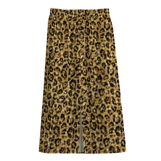 Gold Leopard (NOT Real) Glitter Print Cotton Front Slit Maxi Skirt
