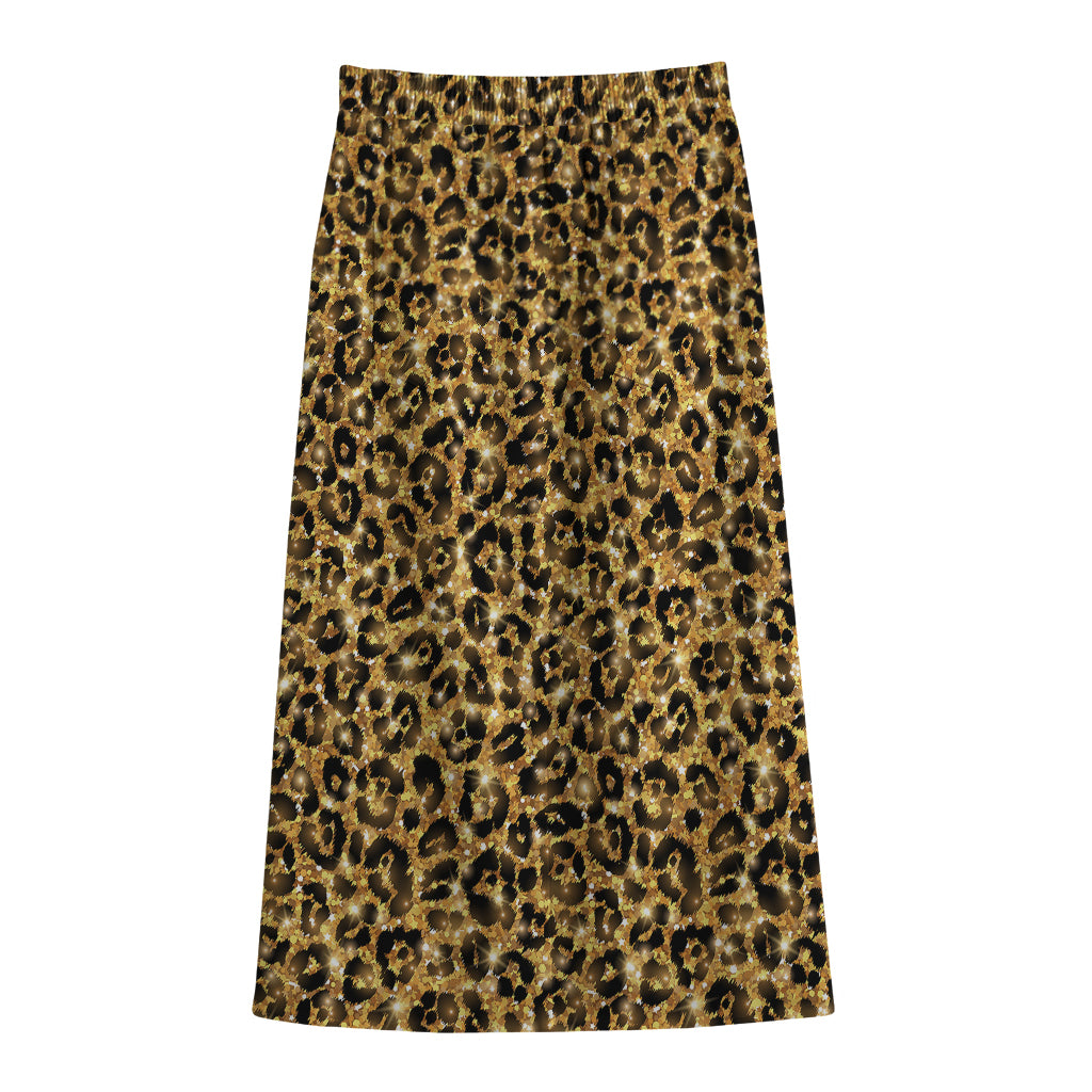 Gold Leopard (NOT Real) Glitter Print Cotton Front Slit Maxi Skirt