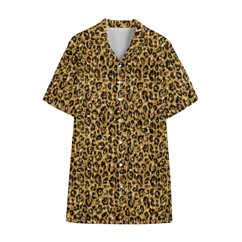 Gold Leopard (NOT Real) Glitter Print Cotton Hawaiian Shirt