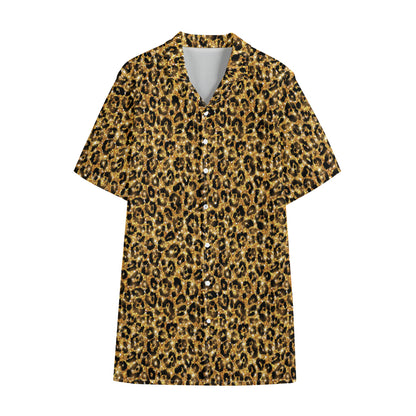 Gold Leopard (NOT Real) Glitter Print Cotton Hawaiian Shirt