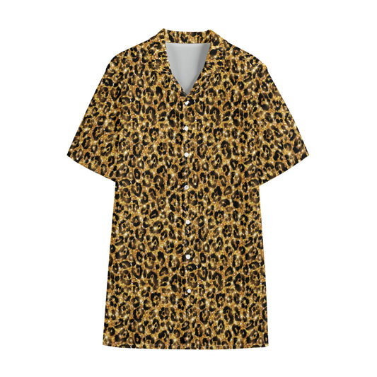 Gold Leopard (NOT Real) Glitter Print Cotton Hawaiian Shirt