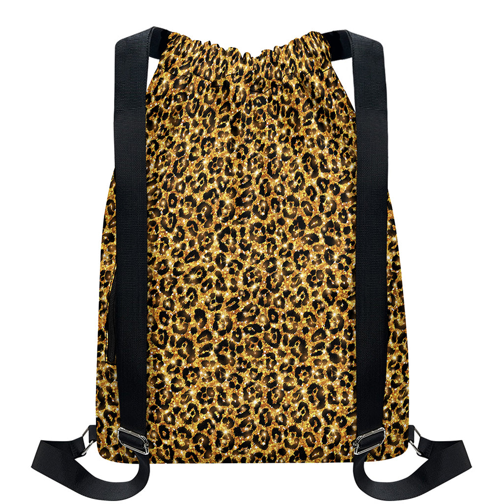 Gold Leopard (NOT Real) Glitter Print Drawstring Backpack