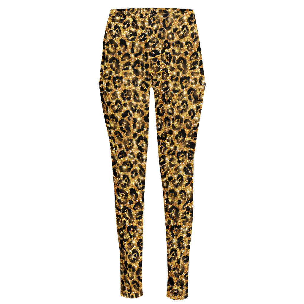 Gold Leopard (NOT Real) Glitter Print High-Waisted Pocket Leggings