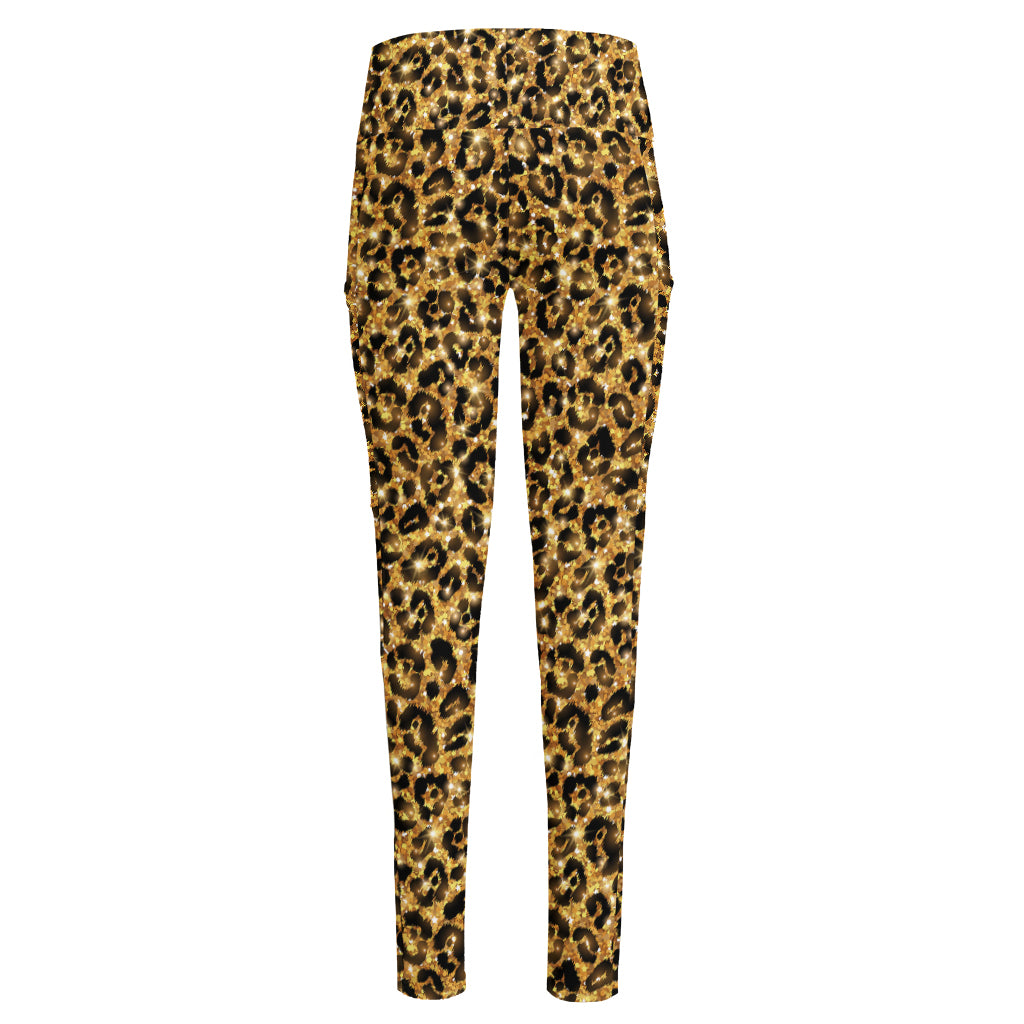 Gold Leopard (NOT Real) Glitter Print High-Waisted Pocket Leggings