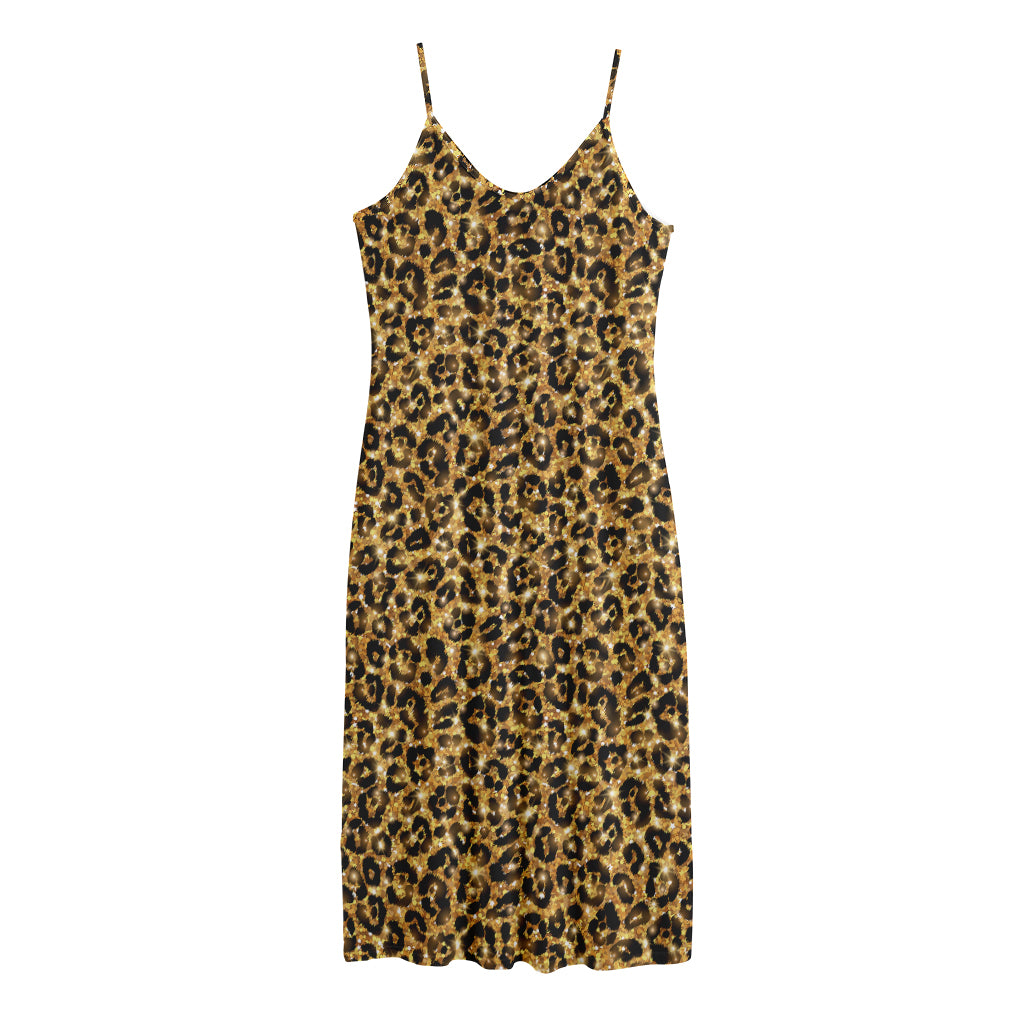 Gold Leopard (NOT Real) Glitter Print Jersey Midi Cami Dress