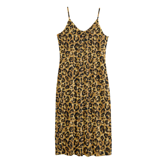 Gold Leopard (NOT Real) Glitter Print Jersey Midi Cami Dress
