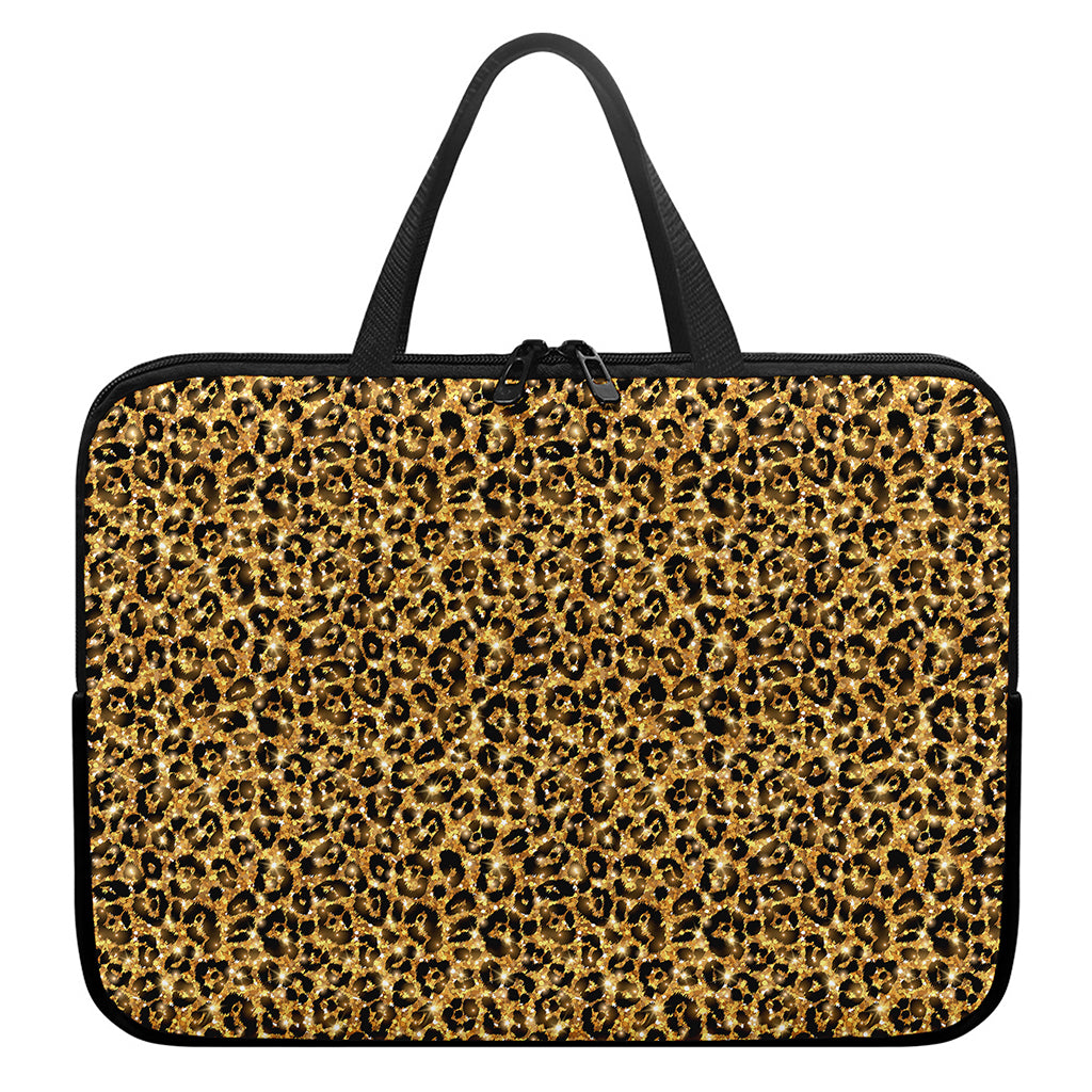 Gold Leopard (NOT Real) Glitter Print Laptop Sleeve With Handle