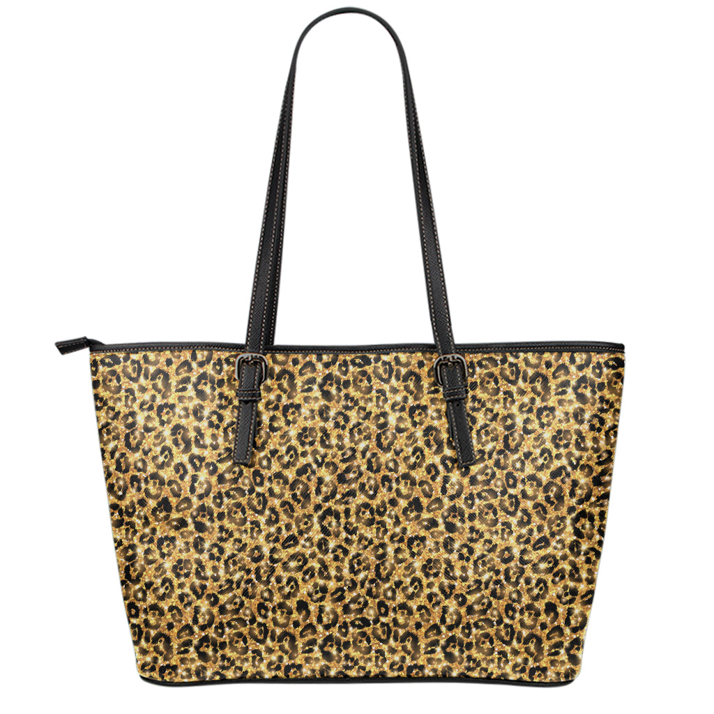 Gold Leopard (NOT Real) Glitter Print Leather Tote Bag