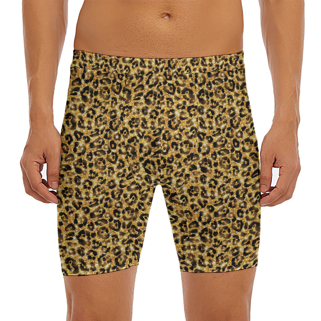 Gold Leopard (NOT Real) Glitter Print Men's Long Boxer Briefs