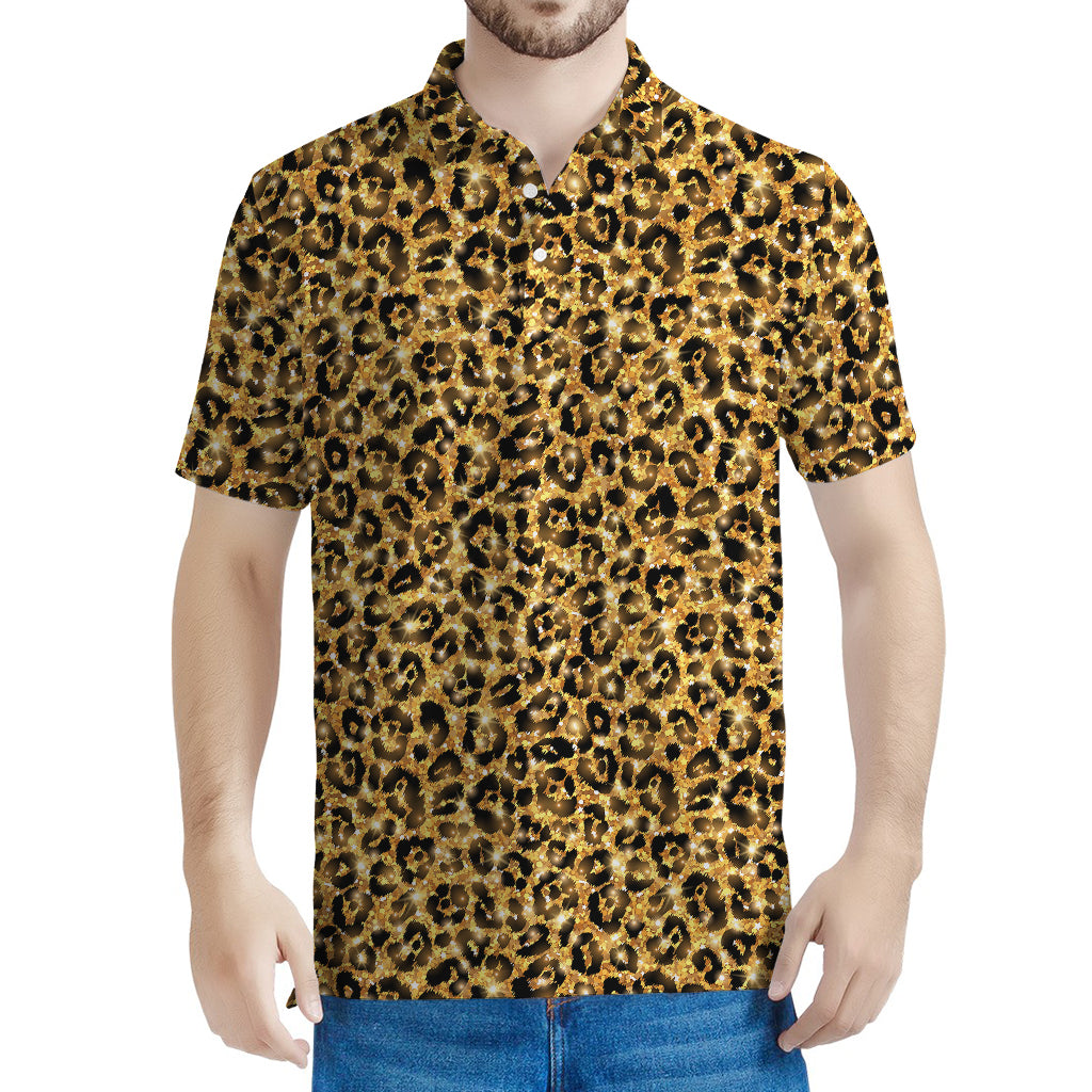 Gold Leopard (NOT Real) Glitter Print Men's Polo Shirt