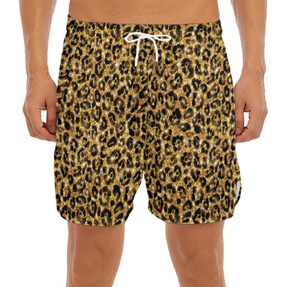 Gold Leopard (NOT Real) Glitter Print Men's Split Running Shorts