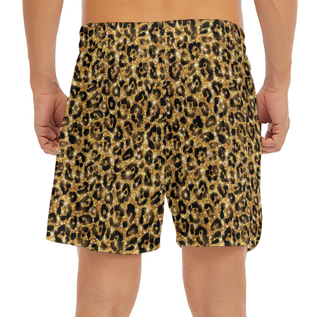 Gold Leopard (NOT Real) Glitter Print Men's Split Running Shorts