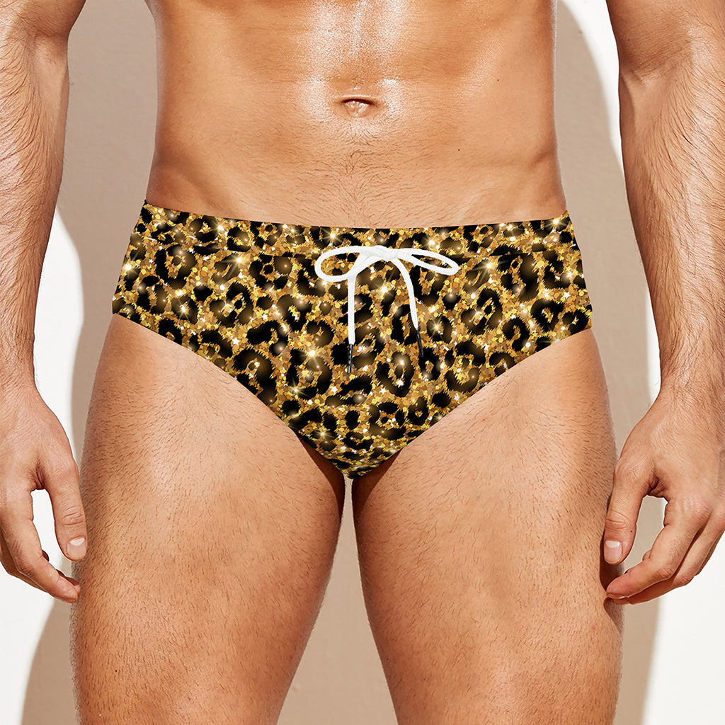 Gold Leopard (NOT Real) Glitter Print Men's Swim Briefs