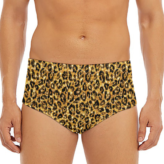 Gold Leopard (NOT Real) Glitter Print Men's Triangle Swim Briefs
