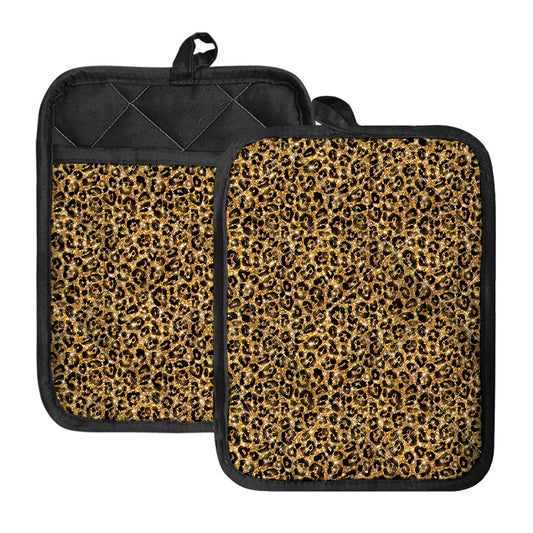 Gold Leopard (NOT Real) Glitter Print Pot Holders With Pocket