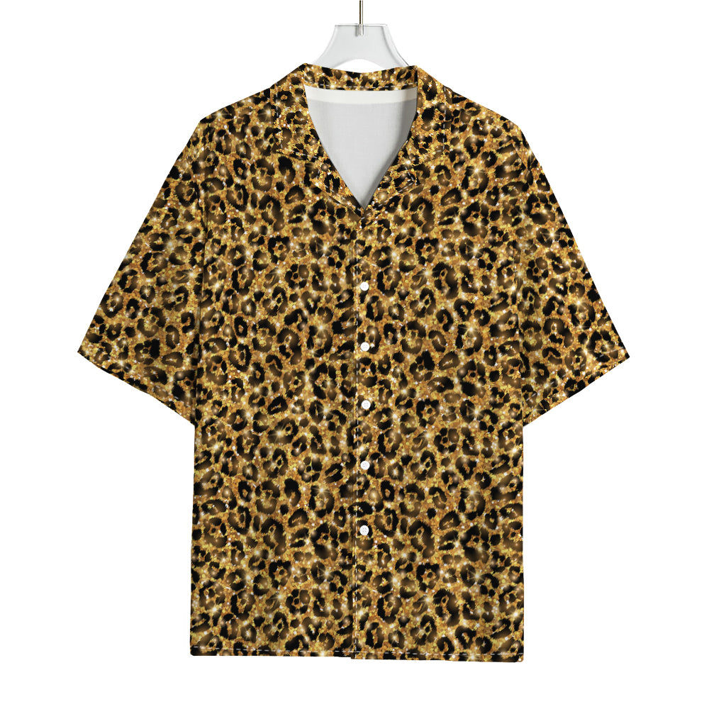 Gold Leopard (NOT Real) Glitter Print Rayon Hawaiian Shirt