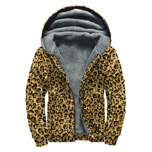 Gold Leopard (NOT Real) Glitter Print Sherpa Lined Zip Up Hoodie