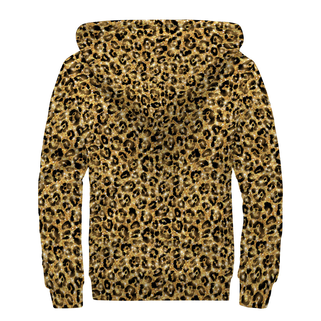 Gold Leopard (NOT Real) Glitter Print Sherpa Lined Zip Up Hoodie